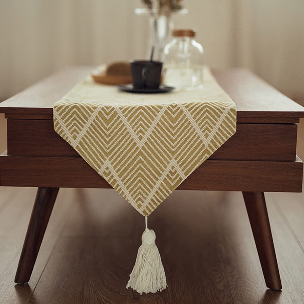 Camino De Mesa Farmhouse Jacquard Striped, Paño De Bandera De Mesa con Flecos Puntiagudos para Bodas, Decoraciones Navideñas, Soporte De TV, Mesa De Centro,12 x 94.5 Inch