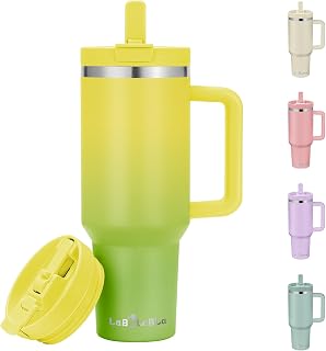 Labulabla 40oz Stainless Steel Insulated Tumbler with Flip Straw, 2-in-1 Lid, 100% Leakproof, Cup Holder Friendly, Handle, BPA-Free (Citrine, 40, ounces)