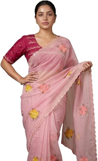 Kryone Collection Pastel Pink Organza Saree for Women | Floral Embroidered Saree with Scalloped Border | Festive Party Wed...