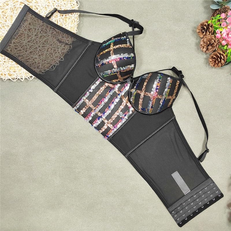 Reggiseno sexy da donna con cuciture in acciaio con ricamo in pizzo e paillettes top sottile per le donne, D, 5C