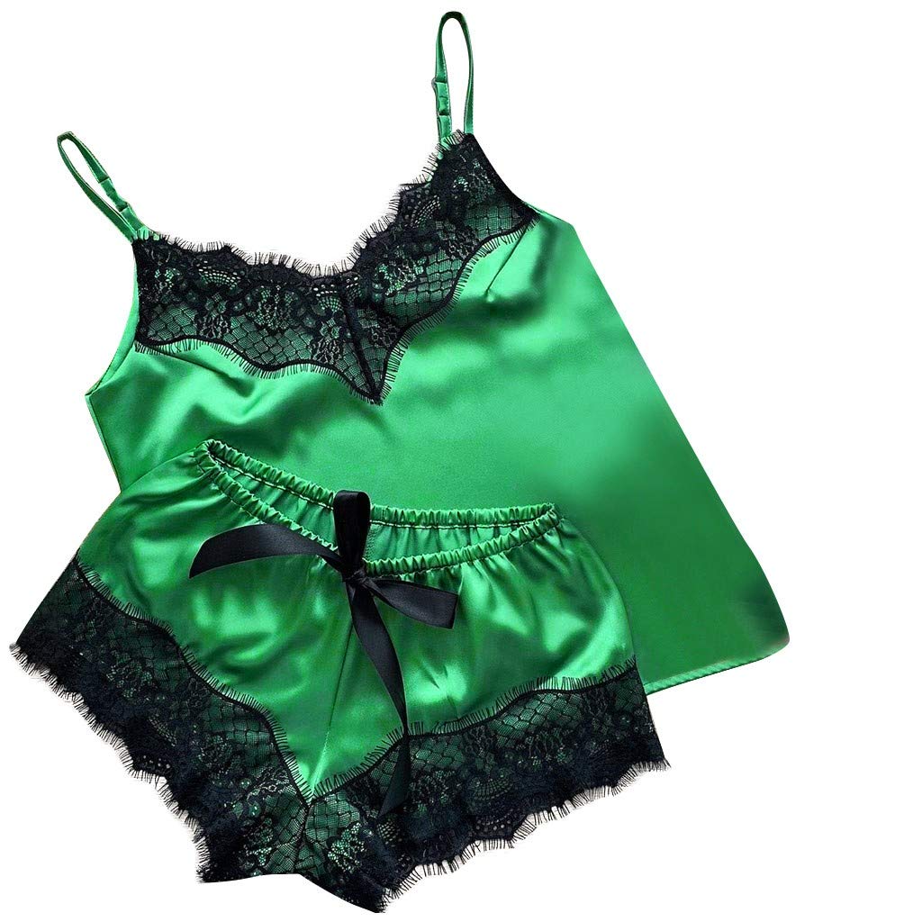 NSQFKALLSexy Satin Pajamas Set Lace Lingerie Silk for Women Camisole Sleepwear Underwear Nightwear 2PC S-XL