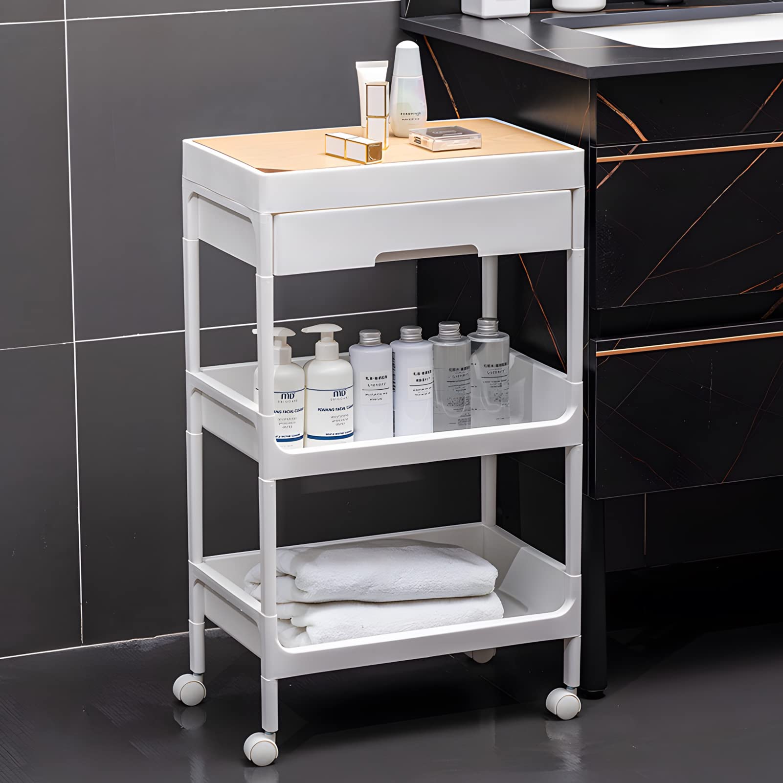 VAODO 3-Tier Rolling Utility Cart, A Mobile Storage Rack With Drawers And Flip-Top Design, Easy To Assemble, Suitable For Bathroom, Kitchen, Bedroom, Living Room, Office, Studio