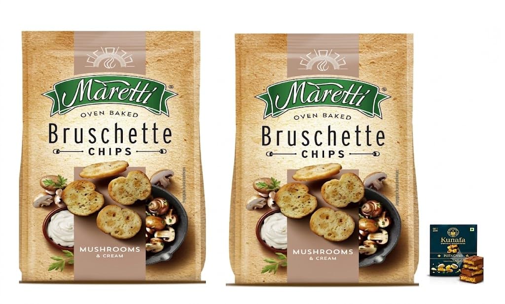 Maretti Oven Baked Bruschette Chips, Mushrooms & Cream (2 Pack) 70g with Free Flavourito Kunafa Pistachio Chocolate Bar, 20g By Decadent Foods-image-37