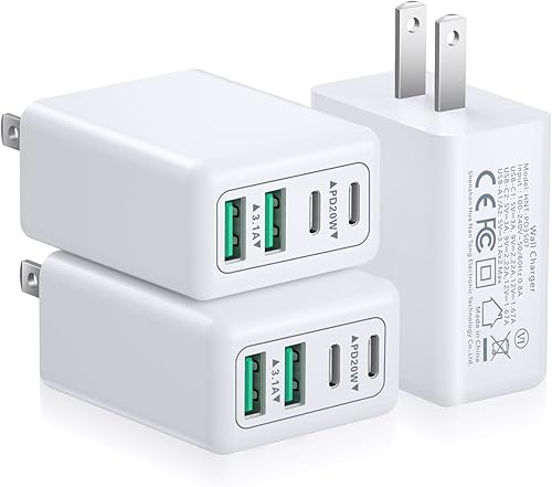 Paquete de 3 cargadores de pared USB C, 40 W, 4 puertos, USB C, cargador rápido, adaptador de corriente QC+PD 3.0, multipuerto tipo C, caja de carga