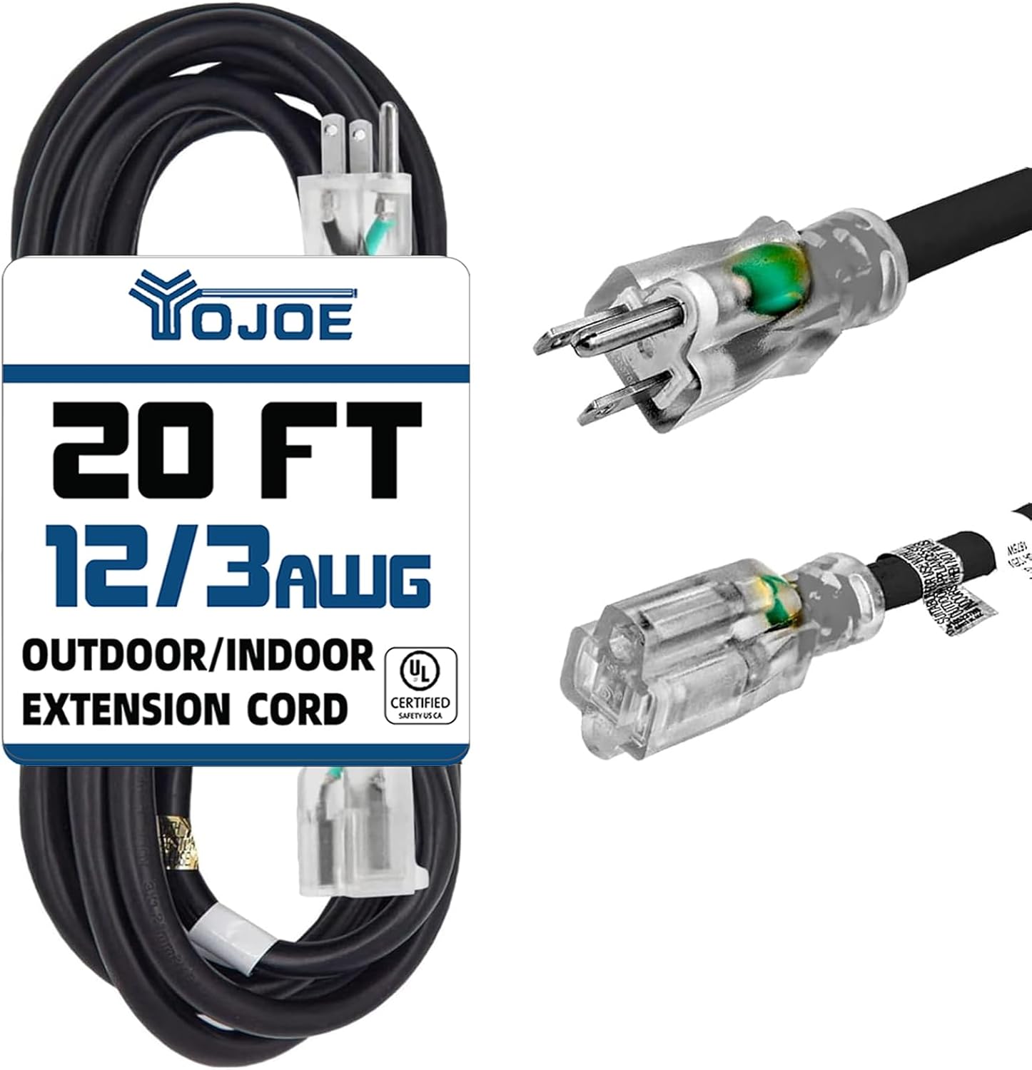 YOJOE Indoor Outdoor Extension Cord with Lighted End, 3 Prong 15A Weatherproof Power Cord, 12 Gauge Heavy Duty 20 ft Black Extension Cord for Garage, Garden and Home, 12/3 SJTW UL Listed