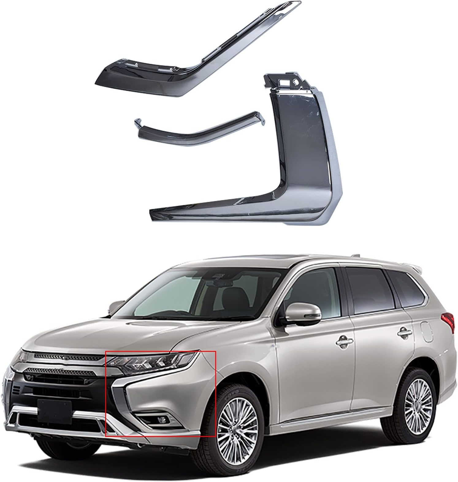 3-Piece Front Bumper LH Chrome Trim Set - Molding Strip Replacement for Outlander 2016-2019 (6407A141, 6407A145, 6407A143)