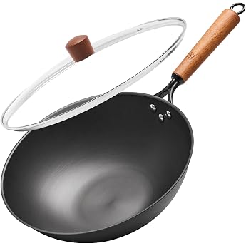 WANYUANJI Chinese Wok IH Stir-Fry Pan 32cm Fry Pan Iron Uncoated Nitrided Iron IH and Gas Compatible Non-Stick Rust Resistant High Temperature Cooking Wood Handle Multi-Functional Pot Perfect for Meat