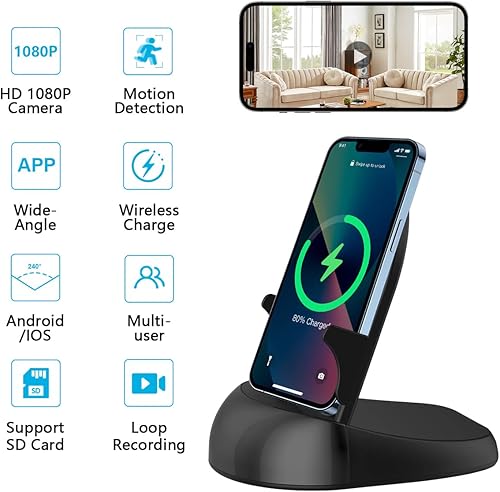 Miniatura 2 de FHD 1080p Cámara domo WiFi cargador de teléfono inalámbrico, cámara de seguridad interior con movimiento activado, (lente rotativa), ángulo de