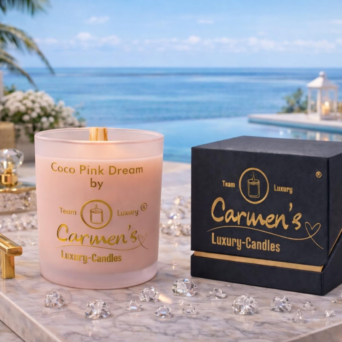 Coco Pink Dream – Candela di cera di cocco fatta a mano con profumo di cocco Bay in vetro di lusso
