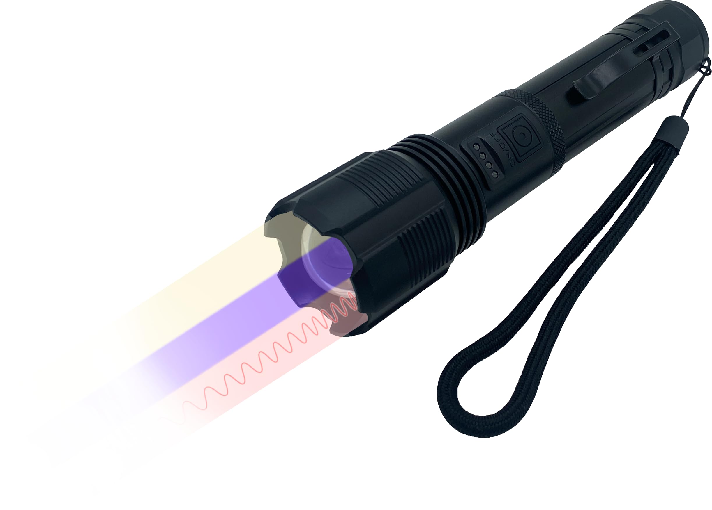 Berger + Schröter | Dreifunktions LED-Taschenlampe, Weiß, 940nm IR, 395nm UV Schwarzlicht, 25 mm Durchmesser, Aufladbar inkl. Akku, mit Gürtelclip
