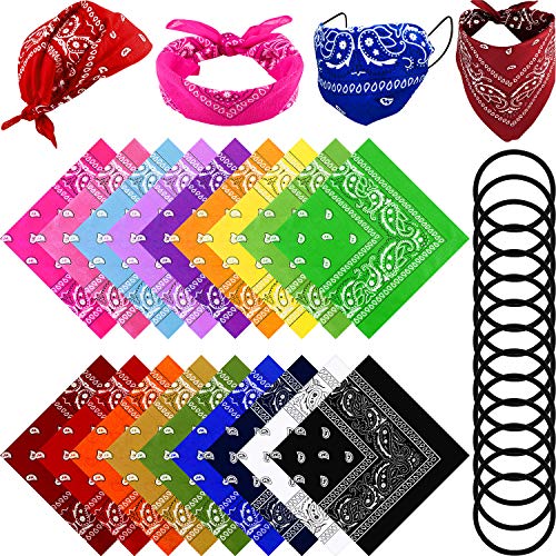 18 Colors Bandana Paisley Bandanas Double Sided Print Square Handkerchiefs Headbands Cowboy Bandana with 20 Elastic Hair Band Rope for Women Men Party Favor