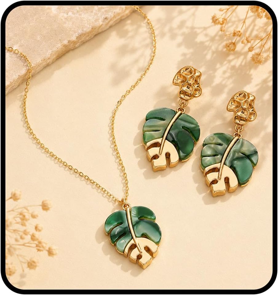 Leaf Tropical Jewelry Sets for Women, Green Pendant Necklace Drop Dangle Earrings Gold Statement Flower Monstera Hawaiian Beach Boho Summer Vaction Jewelry Gift