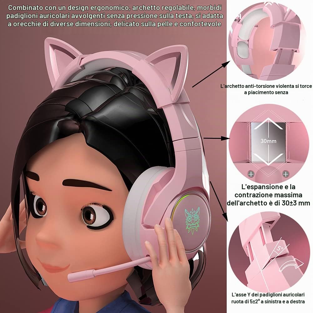 Cuffie Da Gioco Gaming Rosa con Orecchie di Gatto USB Cablate | Auricolari Gaming headset con Microfono, Suono Surround 7.1, Riduzione del Rumore, Luce LED, Cat Ear, Per Adulti Ragazze PC