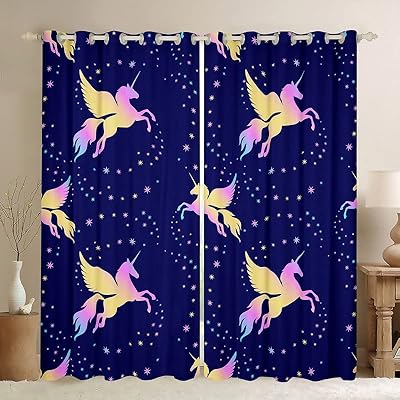 Cute Dreamy Horse Curtains for Bedroom Living Room Cartoon Unicorn Darkening Dreapes Rainbow Blackout Curtains Glitter Animals Blue Window Treatments (2 Panels, 42 x 63 Inch)