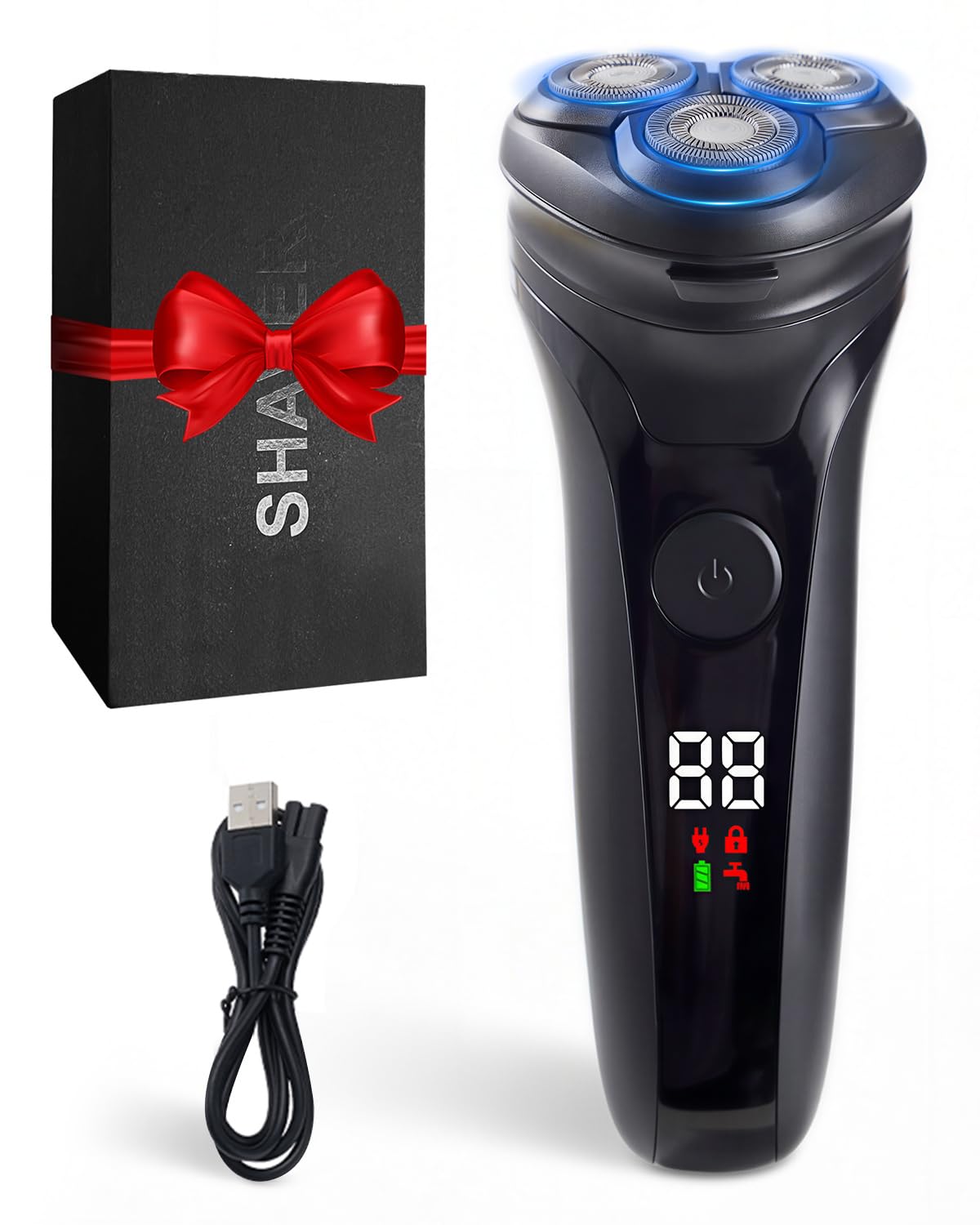 USB Rechargeable Men’s Electric Shaver, Cordless Electric Razor for Men with LED Display, 3 Dual-Track Rotary Cutters with Flexing Blades, IPX5 Waterproof Shaving Machine, Gift for Dad-image-9
