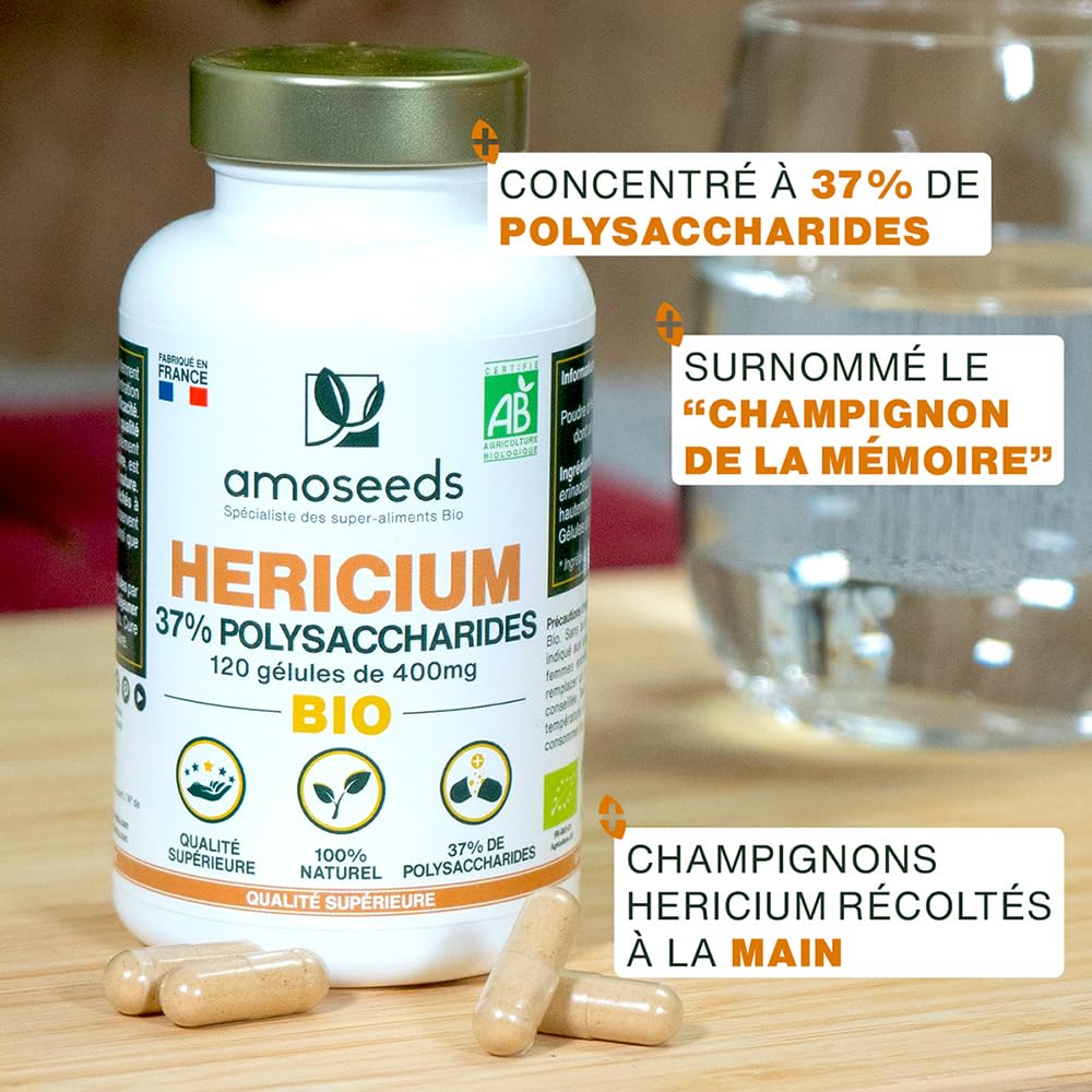 Hericium Erinaceus BIO | Champignon de la Mémoire | Hautement Dosé, 37% Polysaccharides | 120 gélules vegan | Lion’s Mane, Vegan, Sans Additifs | Qualité Supérieure | Fabriqué en France