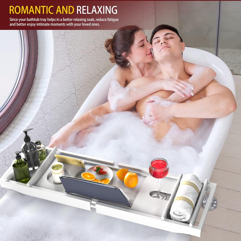 Bathtub Tray Bath Caddy Expandable-Bath Shelf for Tub to Loved Ones with Free Shower Brush & Soap Holder(White)…