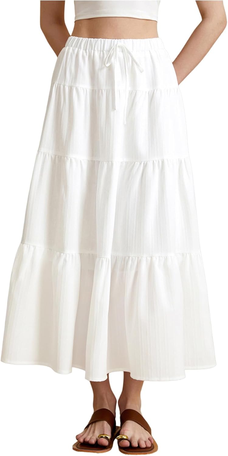Women's Tiered Ruffle Hem Skirt Elastic Waist Flowy Maxi Beach Vacation Skirts