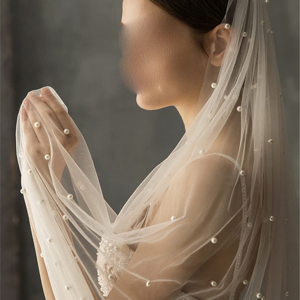 JFDBGU Lungo Abito da Sposa Bianco con Pettine e Chiesa di Un Unico Strato di Nozze Velo da Sposa in Pile Perline di Cristallo(75cm)
