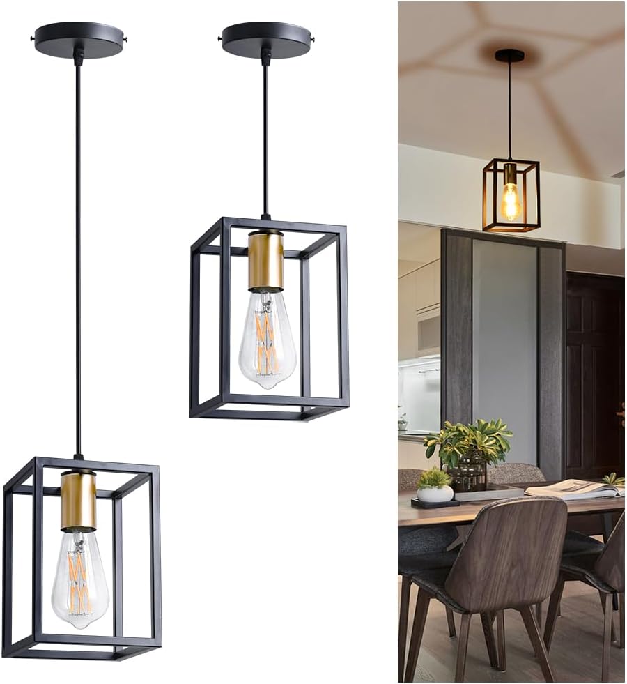 2 Pack Farmhouse Black and Gold Pendant Lights, Hanging Lamps for Living Room Entryway Foyer Indoor, Cage Lantern Kitchen Island Dining Room Light Fixture, Modern Matte Black Industrial Iron Light