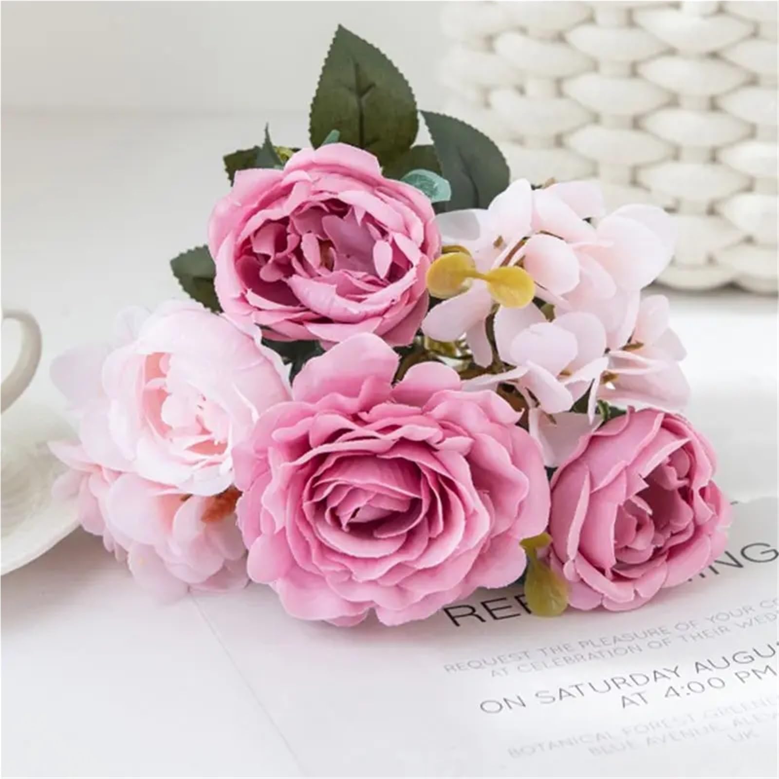 WHMWT 1/4pcs Artificial Flowers Silk Rose Bouquet Hydrangea Peony Bridal Holding Fake Plants Home Room Wedding Decoration Diy Gift Box(Rose Red,4Pack)