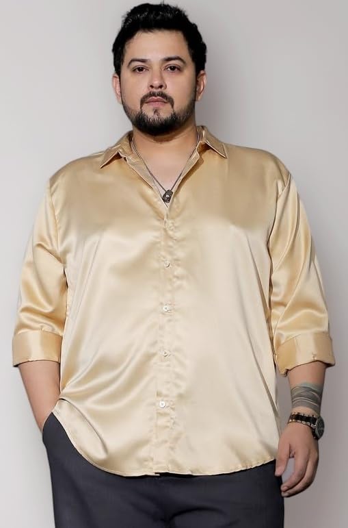 Plus Men Shirt | Spread Collar, Long Cuffed Sleeves | Button Closure, Curved Hem | Solid Plain Material | Woven Fabric for Party Buff Beige