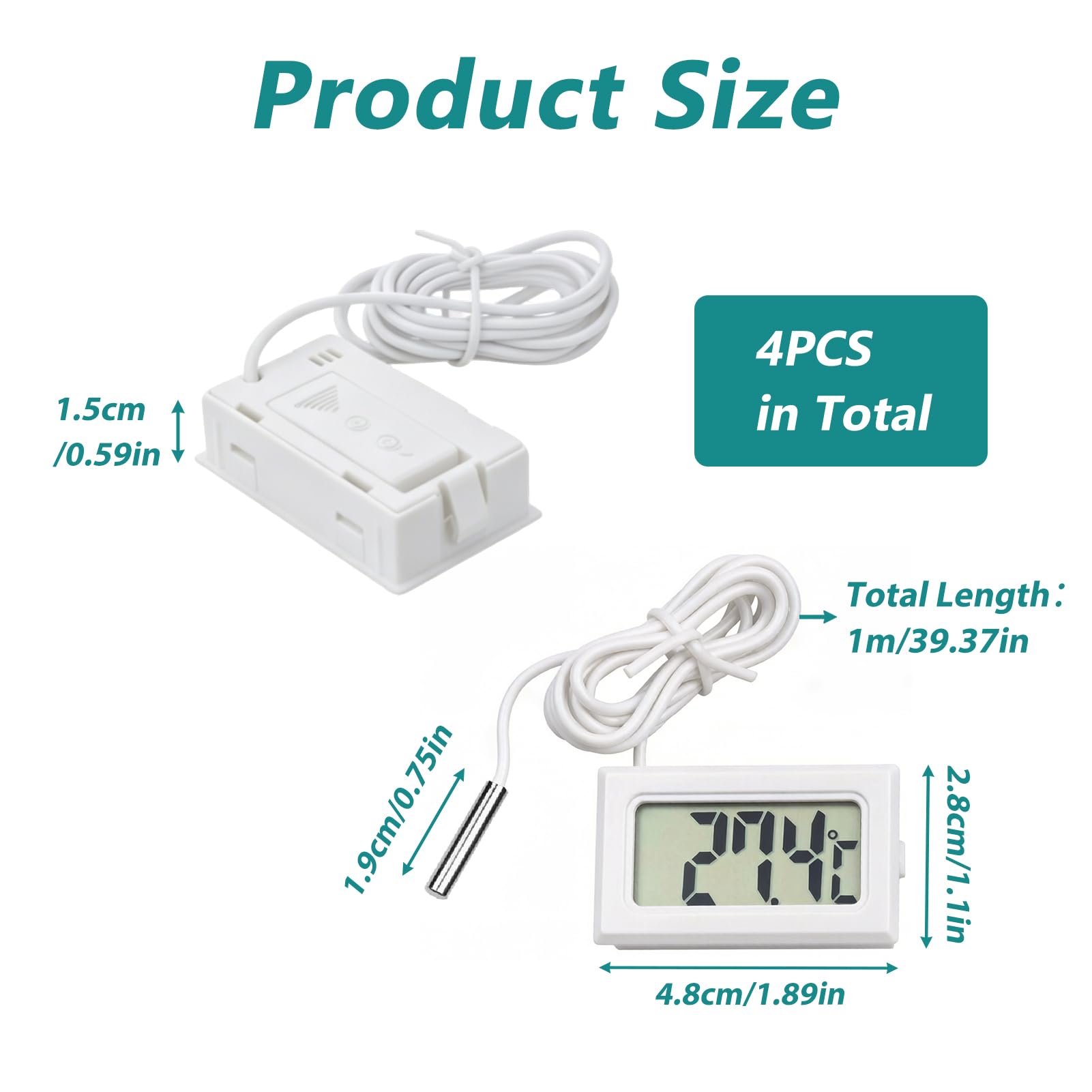 4 Stück LCD Digital Thermometer mit Externem Metall Sensor, Thermometer mit Fühler 1m Kabel, Mini Temperaturtester für Kühlschrank, Gefrierschrank, Aquarium, LCD Anzeige, Präzise Temperaturmessung