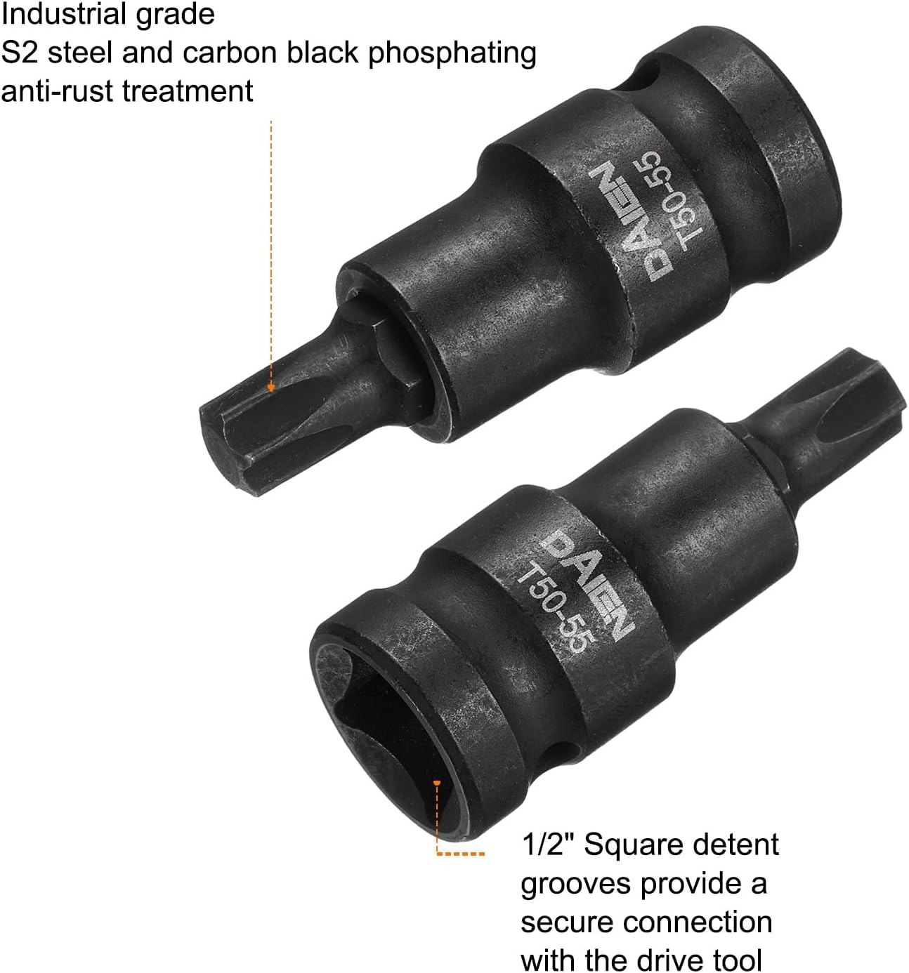 HARFINGTON T50 Torx Bit Socket 55mm/2.17" Length 1/2" Square Drive Star 6 Point Extension Impact Bit Power Nut Driver Set S2 Steel Socket Ratchet Wrench Bits, Black