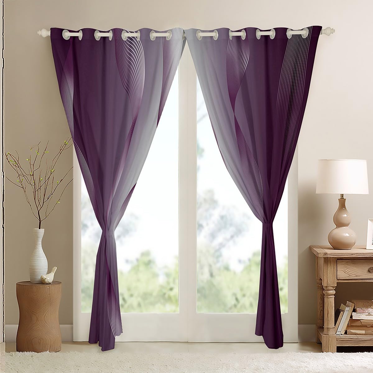 Homewish Gradient Purple and Greyish White Blackout Curtains Ombre 2 Panels 46" Wx72 L Curtains & Drapes,Trippy Spiral Silver Wave Line Curtains,Abstract Art Room Decor Aesthetic - Image 4