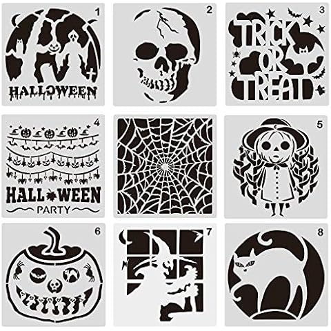 9Pcs Halloween Painting Stencils Plastic Skull Pumpkin Witch Drawing Template Stencils Reusable Art Templates DIY Craft Stencils for Painting on Wood Wall Door Mirror Window Glass Halloween Decoration Cover
