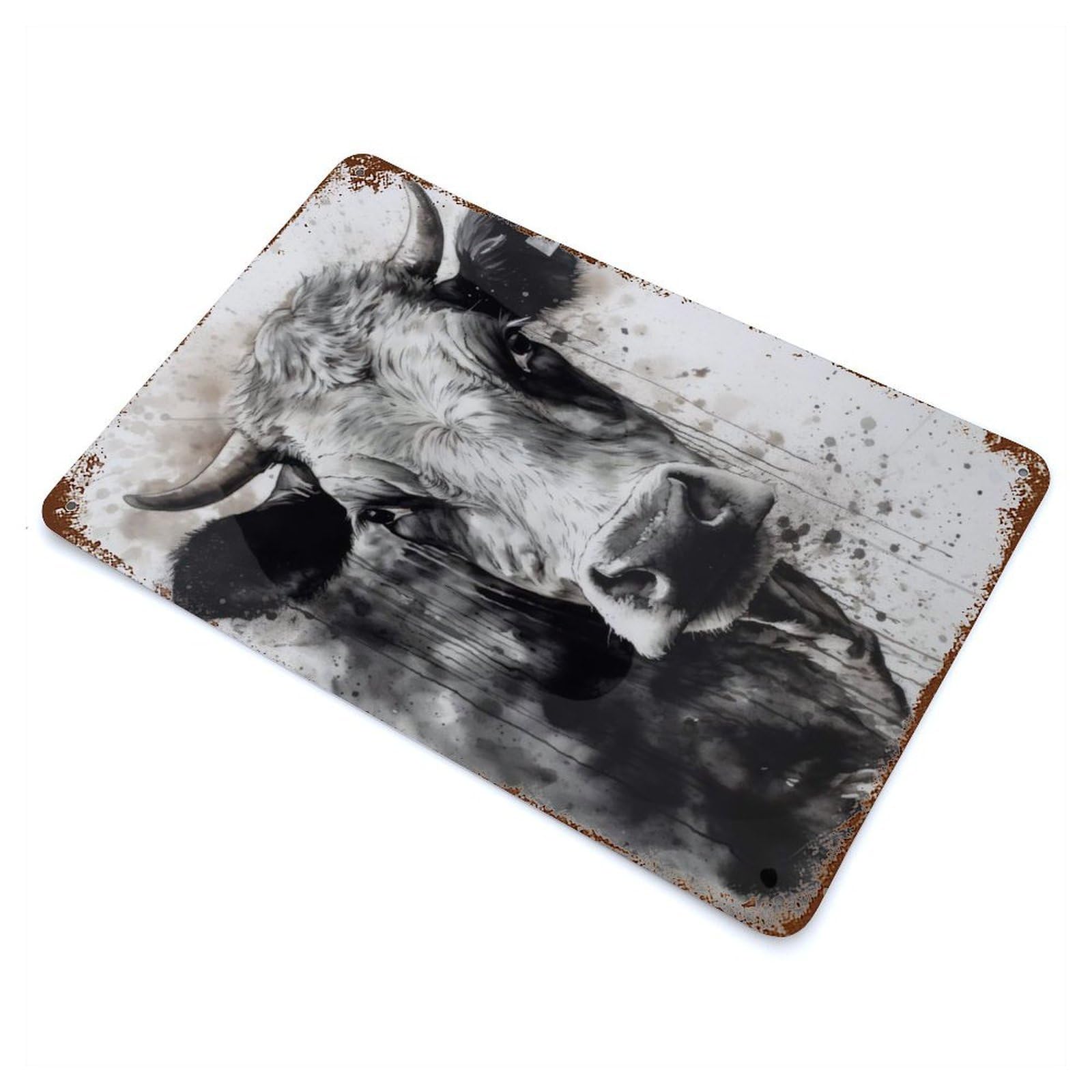 Cow Black Ink Watercolor Vintage Wall Sign 11.8"x7.9", Rust Effect Metal Decor for Office, Studio And Wall Decor