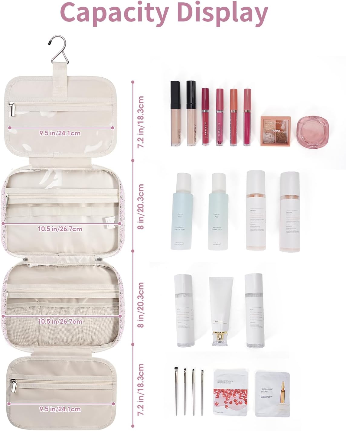 Narwey Hanging Toiletry Bag for Women Travel Makeup Bag Organizer Toiletries Bag for Travel Size Essentials Accessories Cosmetics (Pink Flower Buds (Medium)) - Image 3