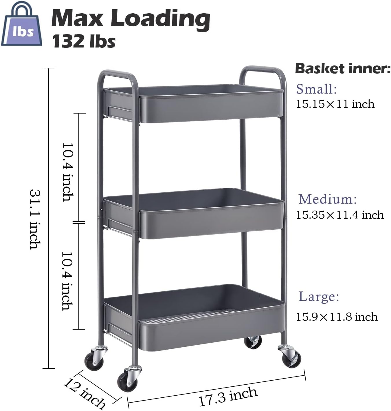 TOOLF 3-Tier Rolling Cart, Metal Utility Cart with Lockable Wheels, Storage Craft Art Cart Trolley Organizer Serving Cart Easy Assembly for Office, Bathroom, Kitchen, Kids' Room, Classroom (Grey)