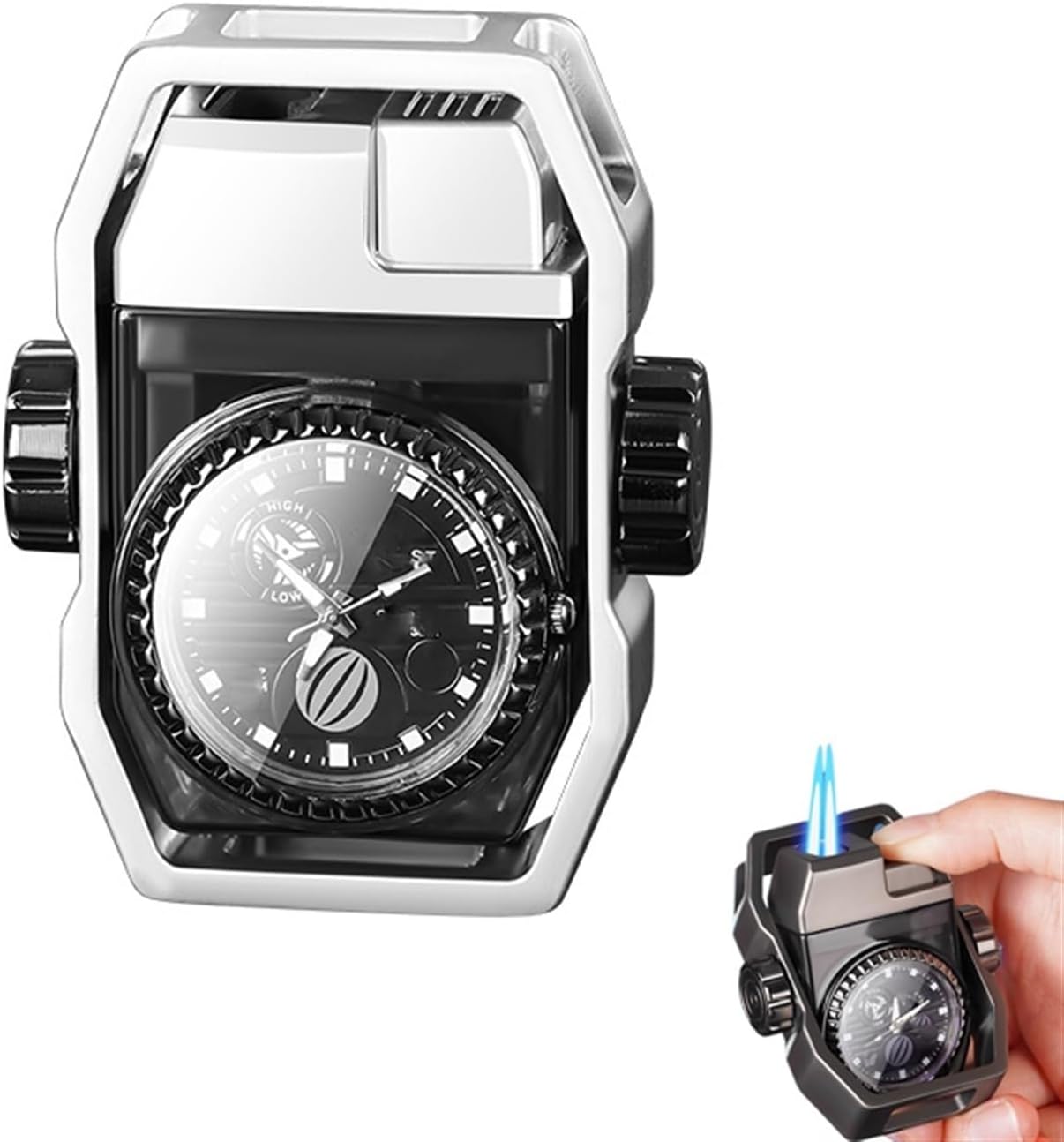 Portable Multifunctional Lighter, Metal Material, Butane refillable, Outdoor Super Windproof, Adjustable Flame, Suitable for Gift Candles, Camping, etc.(Silver)