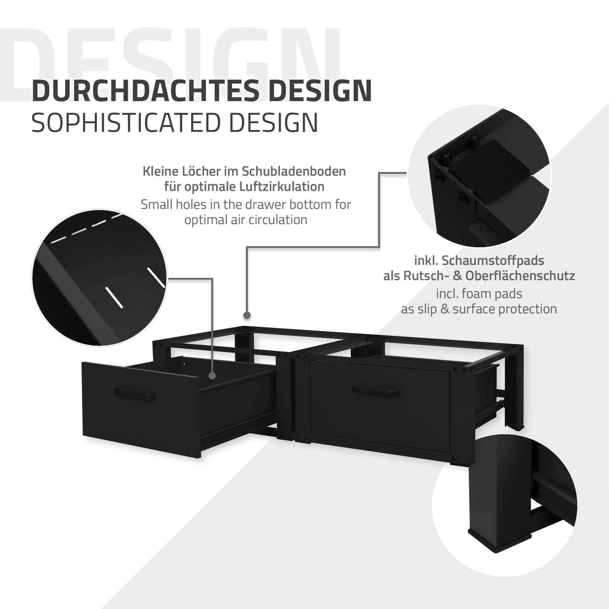 ML-Design Czarna Podstawa Pod Pralke 128x53,5x31,5 Cm Stalowa Z Dwoma Szufladami Do 2x150 Kg Stabilna Dwukomorowa Konstrukcja Podwójna Baza Podniesiona Platforma Praktyczne Wsparcie Podstawa Suszarki