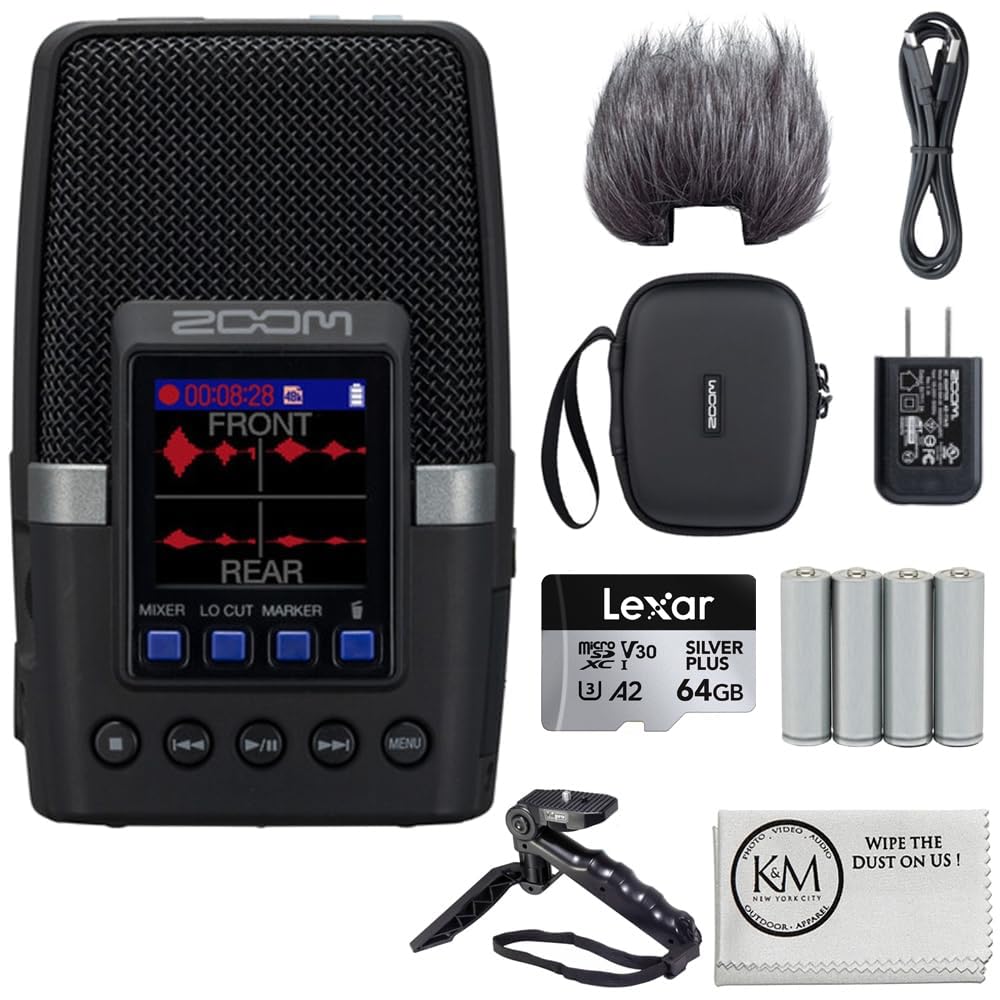 Zoom H2essential Multi-Mic 32-Bit Float Handy Recorder Bundle with APH-2e Accessory Pack + 64GB Micro-SD + Grip Tripod + 4 Pack AA Batteries + Cleaning Cloth (6 Item)