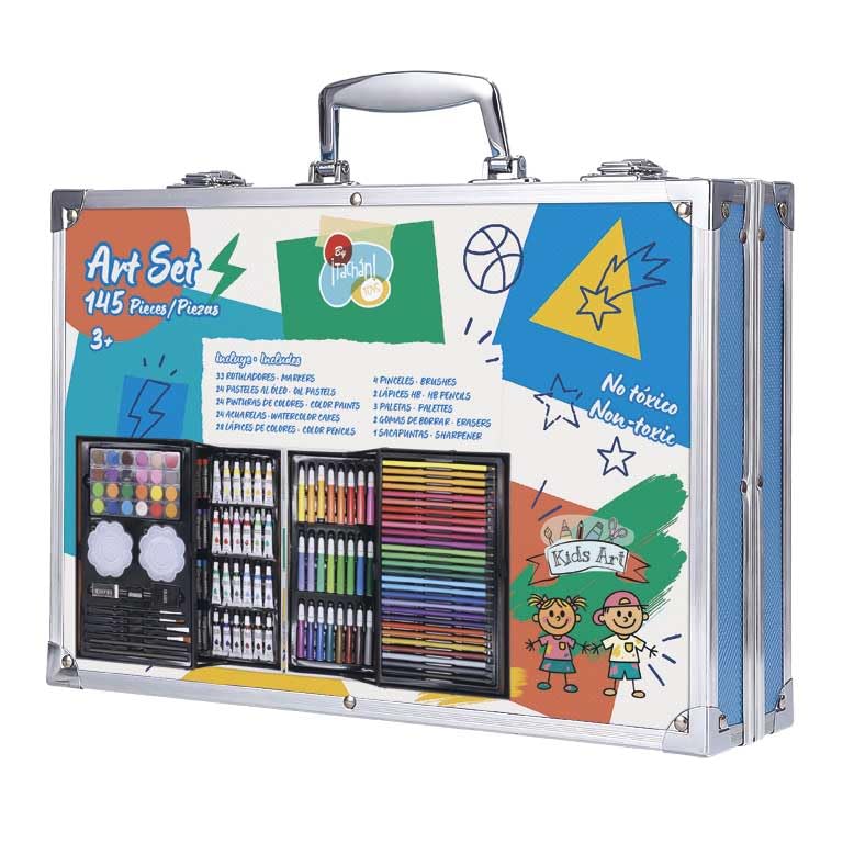 TACHAN - Maletín artístico 145 piezas para niños - Set Creativo con Rotuladores, Lápices, Ceras, Acuarelas y Accesorios - Estuche metálico - 34.5x24.3x8.7 cm (CPA Toy Group 703T01071)
