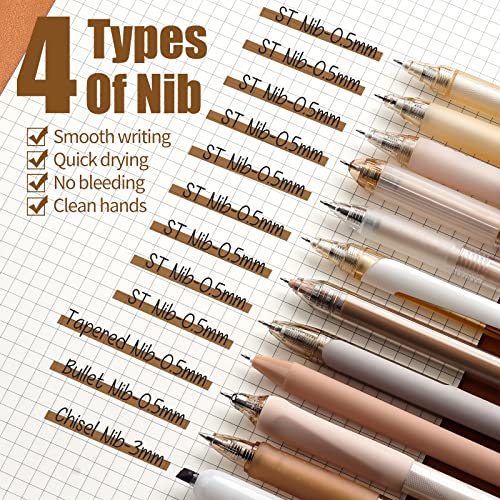 Four Candies 12Pack Pastel Gel Ink Pen Set, 11 Pack Black Ink Pens With 1Pack Highlighter For Writing, Retractable 0.5Mm Fine Point Gel Pens, Cute Note Taking Pens For School Office (Brown) #TOP2