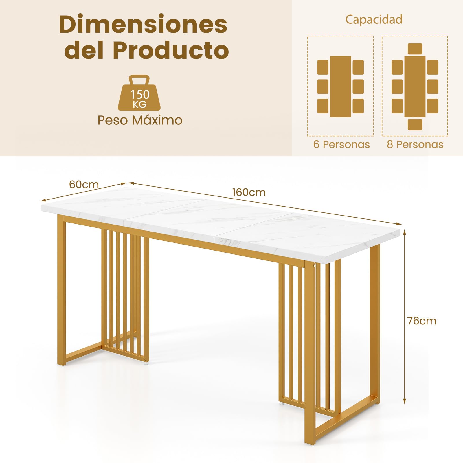 COSTWAY Mesa de Comedor, Mesa de Cocina Moderna para 6-8 Personas, Mesa de Bar Rectangular con Tablero de Mármol Sintético, Patas de Metal, Carca de 150 kg, para Comedor, Restaurante, 160 x 60 x 76 cm