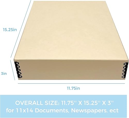 Vista 23 de Lineco, Caja de almacenamiento de archivos de museo de color tostado de 9 x 12 pulgadas, diseño frontal caído. Sin ácidos con borde de metal.