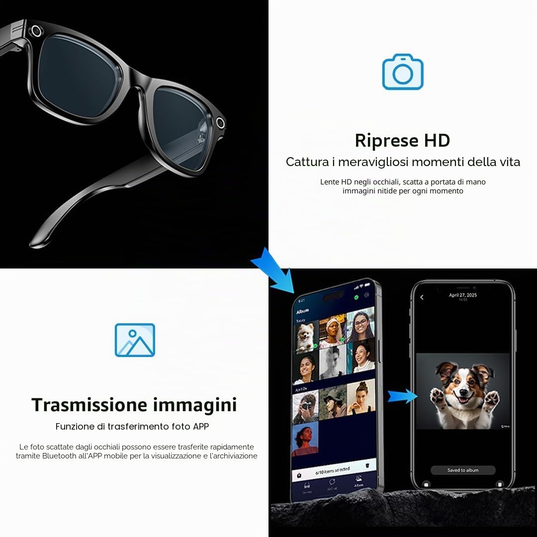 Occhiali Intelligenti AI: 1080P Manos Libres, Bluetooth 5.4, IP65, Protezione UV - Spedizione Amazon, Ideali per Uso Quotidiano/Attività all'Aperto