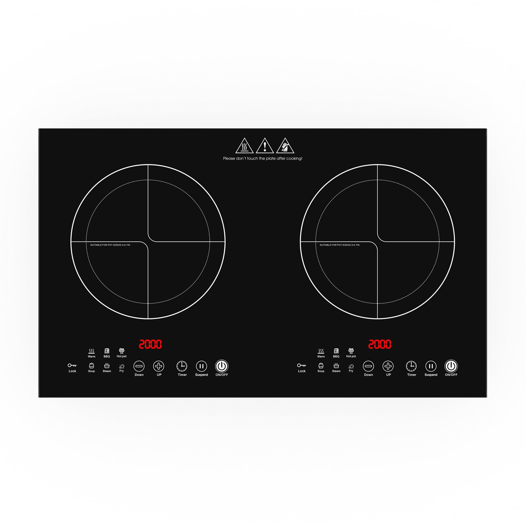 VBGK induccion 2 fuegos，220V 3600W vitro portatil 2 fuegos Con panel de acabado cepillado y control táctil LED, placa de inducción con 9 niveles de potencia, bloqueo de seguridad infantil