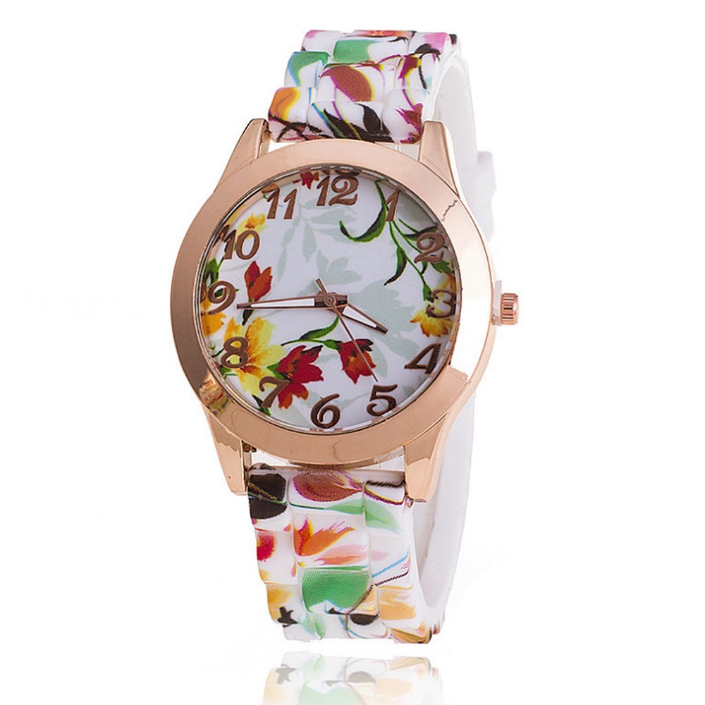 Relojes analógicos de silicona con esfera floral para mujer, números en tono oro rosa (paquete de 5), Rosado, Moderno 6