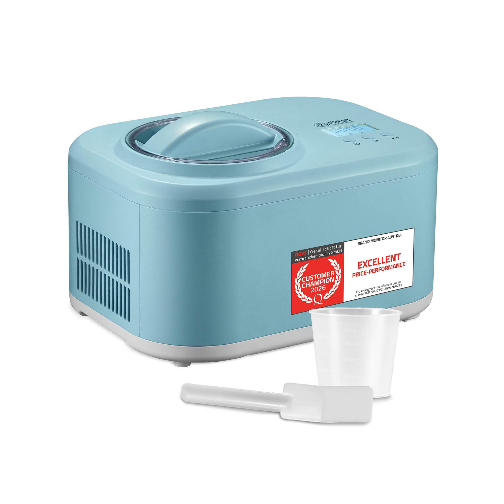 TZS First Austria - Heladera 1L con Compresor 3 en 1-100W Máquina de Helados Autorefrigerante para Yogur Helado, Sorbete y Crema - Turquesa