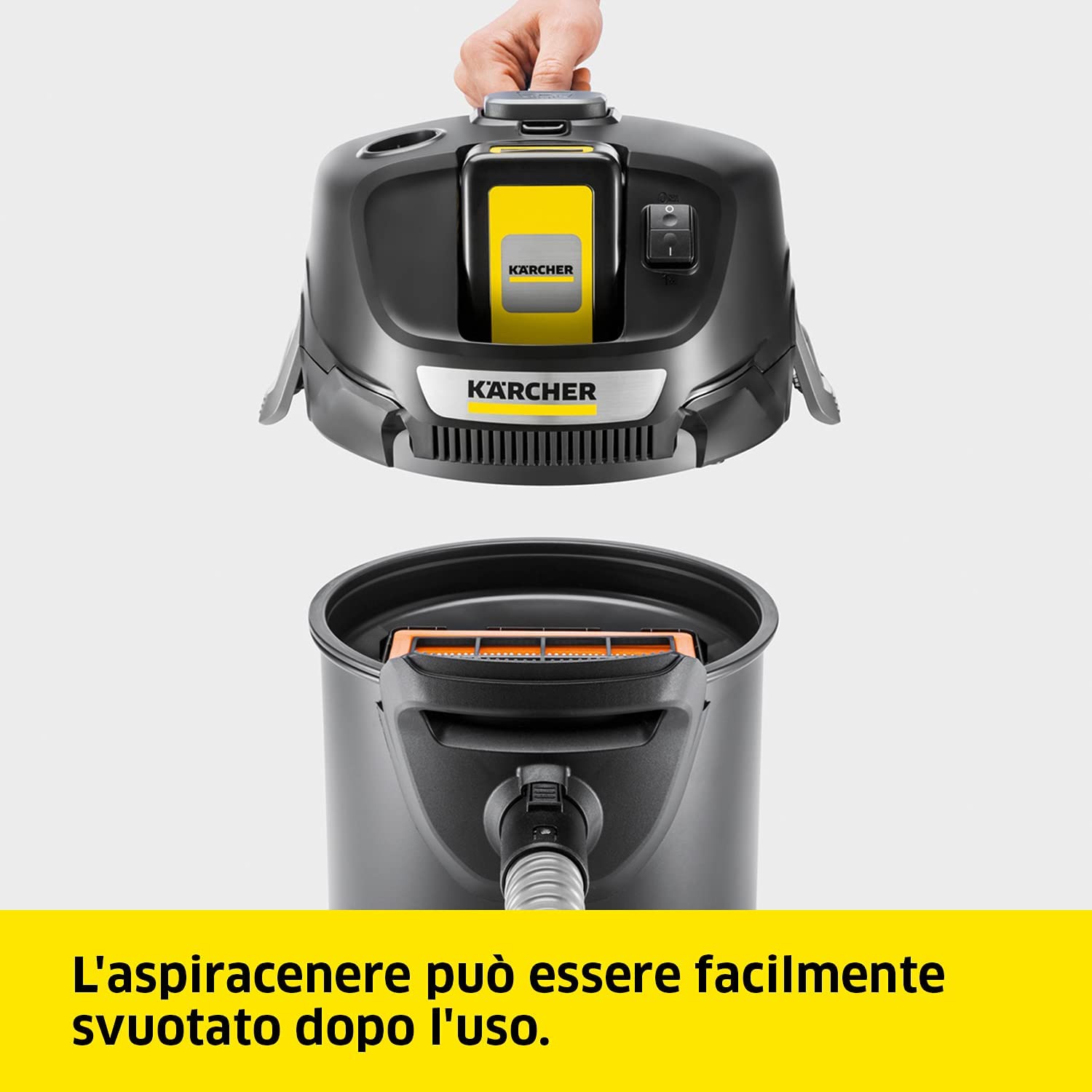 KÄRCHER aspiratore e aspiracenere AD 2 Battery, 230W, Batteria 18V, Contenitore 14L,ideale per la pulizia di caminetti e stufe a pellet, pulizia filtro integrata, filtro piatto plissettato e metallico