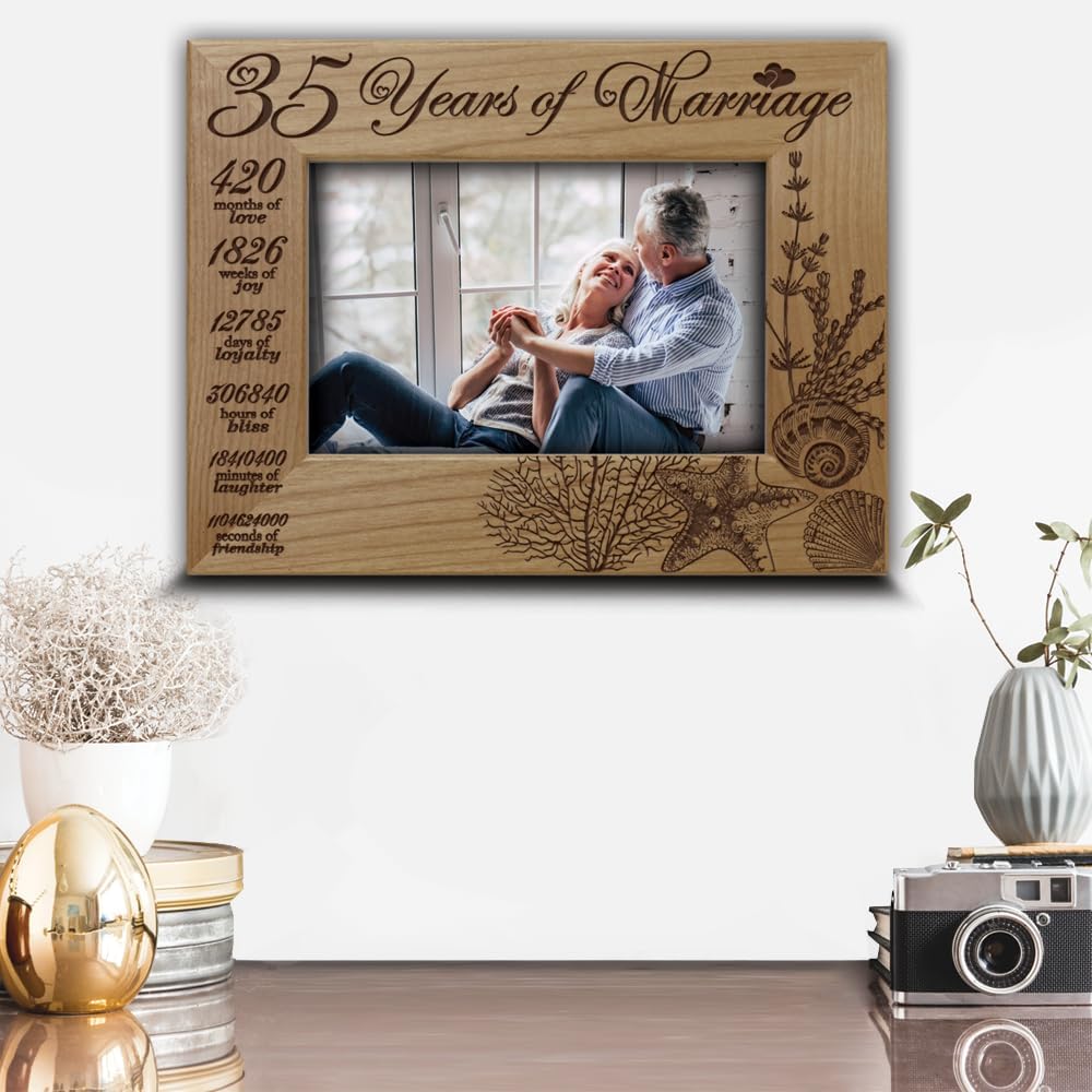 BELLA BUSTA- 35 Years of Marriage- Traditional Coral symbolizes for 35th Wedding Anniversary for Wife, Husband, Couple, Parents-Engarved Wood Picture Frame (5 x 7 Horizontal)