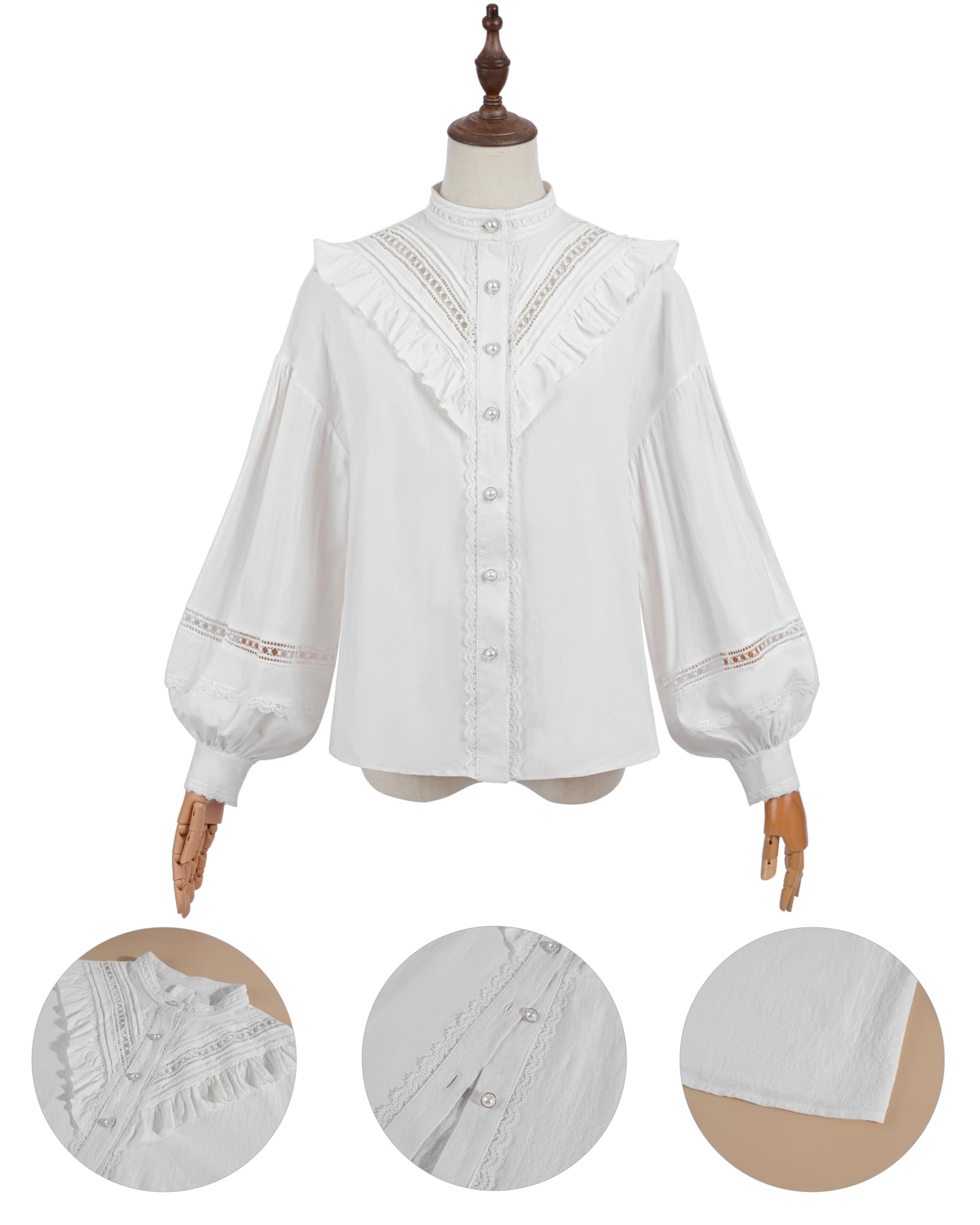 Fiamll Chemisier victorien pour femme - Chemisier médiéval à manches longues vintage - Chemisier blanc en coton