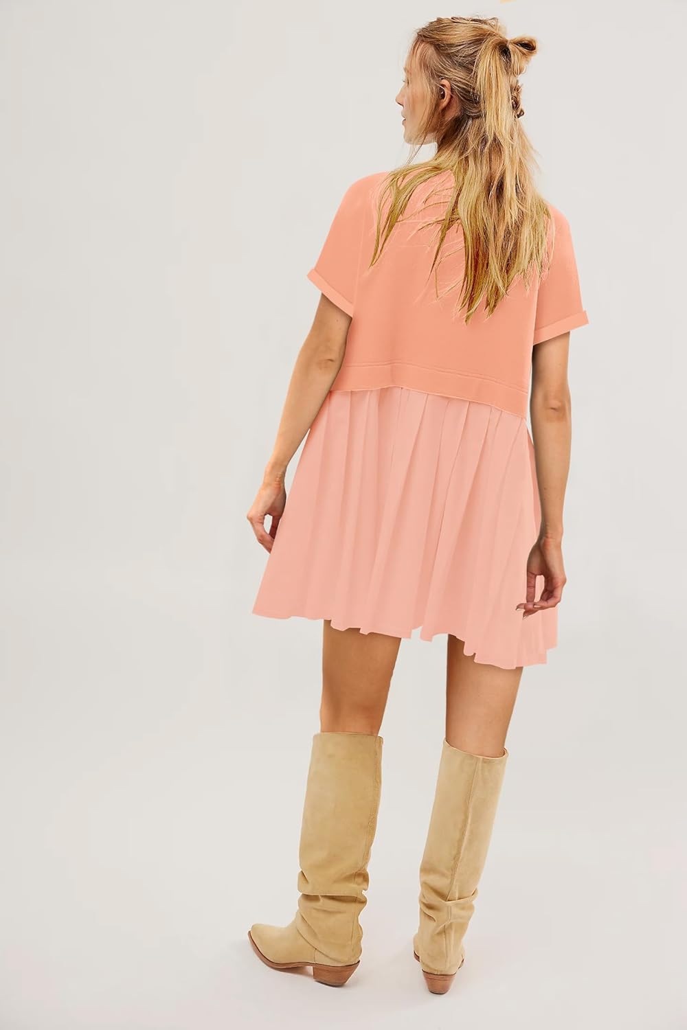 SAUKOLE Womens Summer Crew Neck Short Sleeve Dress Patchwork Pleated A Line Beach Boho Mini Dress - Image 5