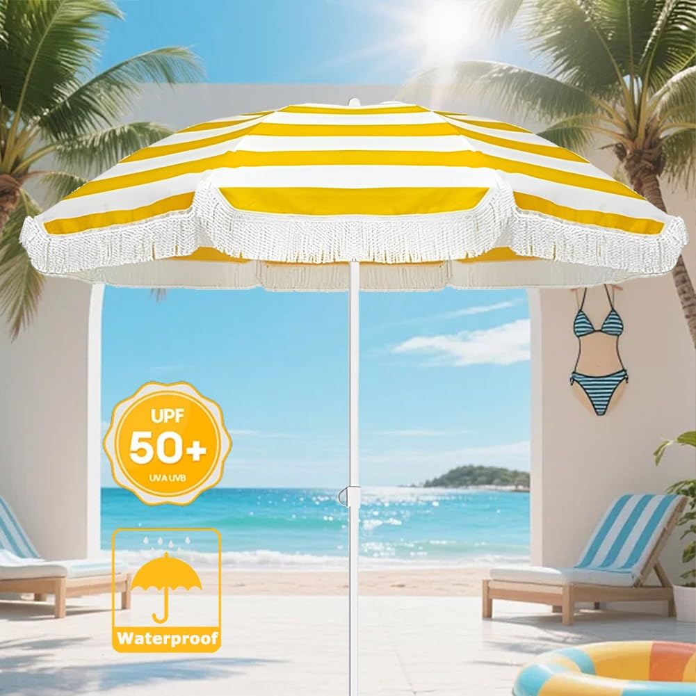 160 cm Parasol Ogrodowy, Parasol Plażowy Pochylany, Parasol na Plażę z Frędzlami, Składany Parasol Tarasowy, Żółty Pasek