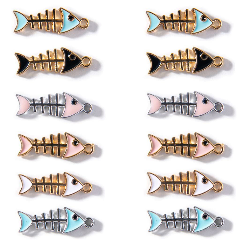 Breloques Arêtes De Poisson En émail - Lot De 12 (6 Modèles), Plaqué Or/argent, Pour Fabrication De Bijoux DIY